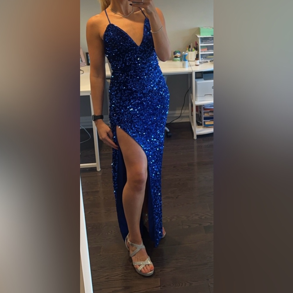 Lulu’s Sparkling Rarity Royal Blue Velvet Sequin Lace-Up Maxi Dress